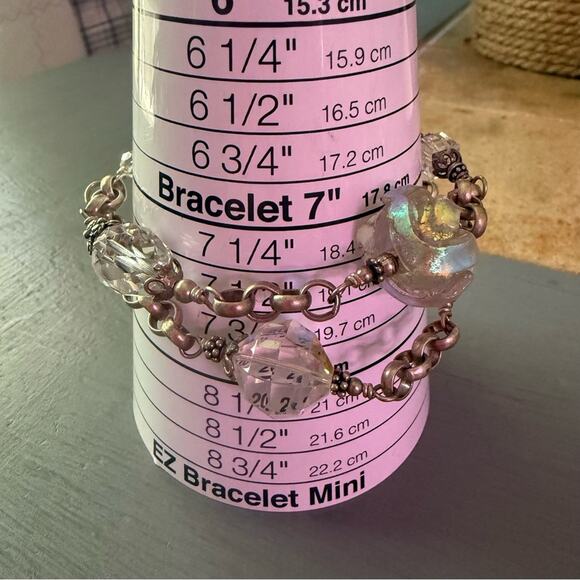 925 Sterling Silver Clear Opalescent Beaded Chainlink Multi Chain Bracelet - Picture 4 of 8